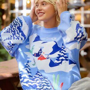 NWT Women XL Oversize Disney AOP SkiClub Sweatshirt Drop Shoulder Balloon Sleeve